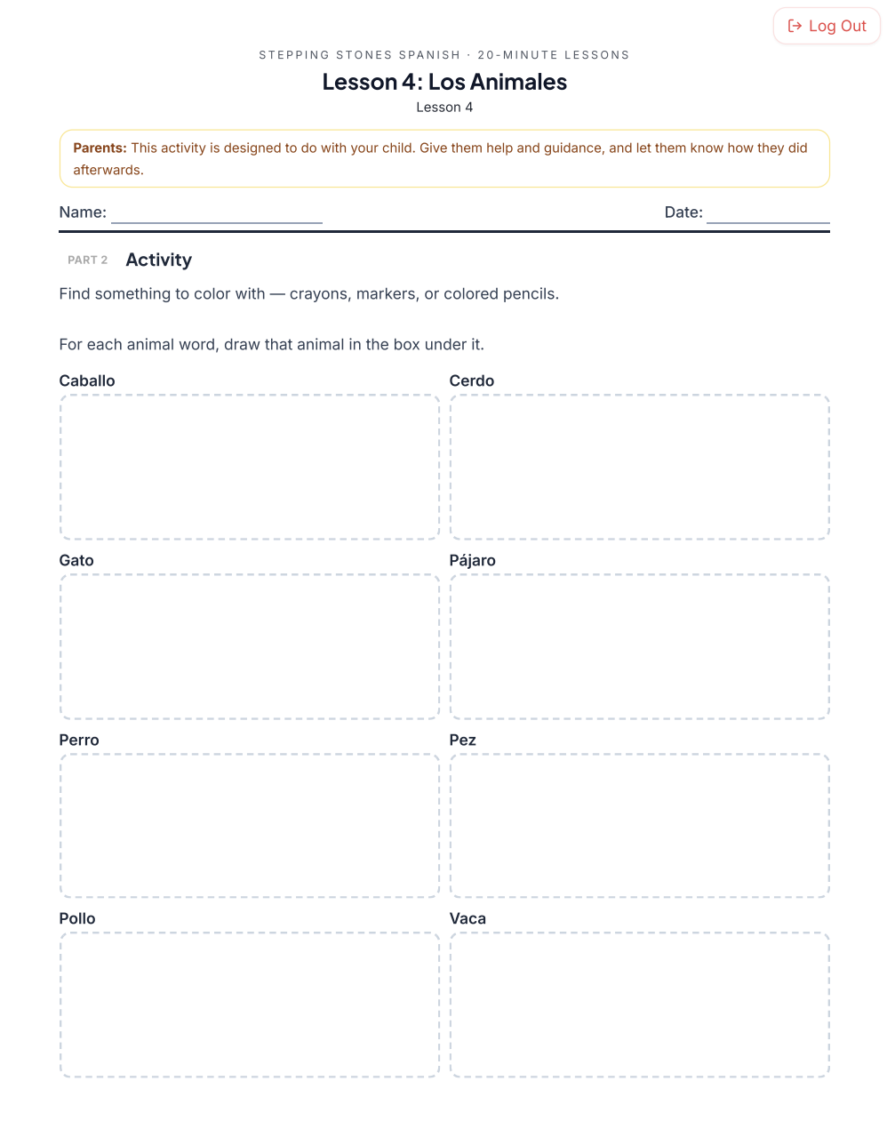 Printable worksheet: draw each animal under its Spanish word