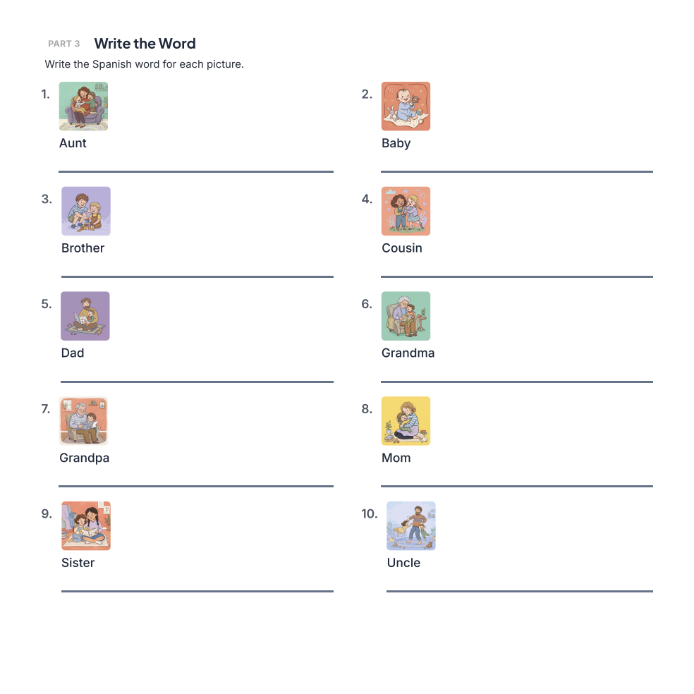 Printable worksheet: write the Spanish word for each picture