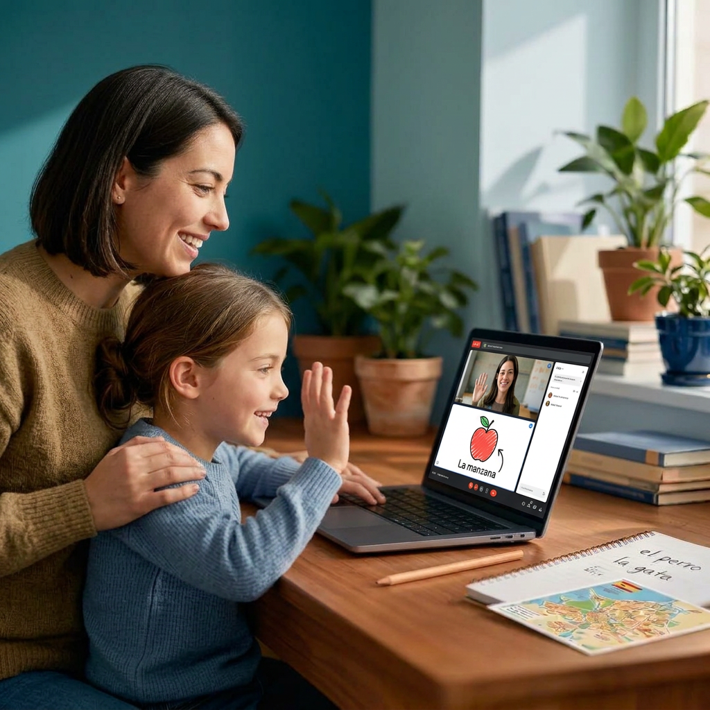 A parent and young child together at a laptop during a live 1-on-1 Google Meet Spanish class with their teacher.