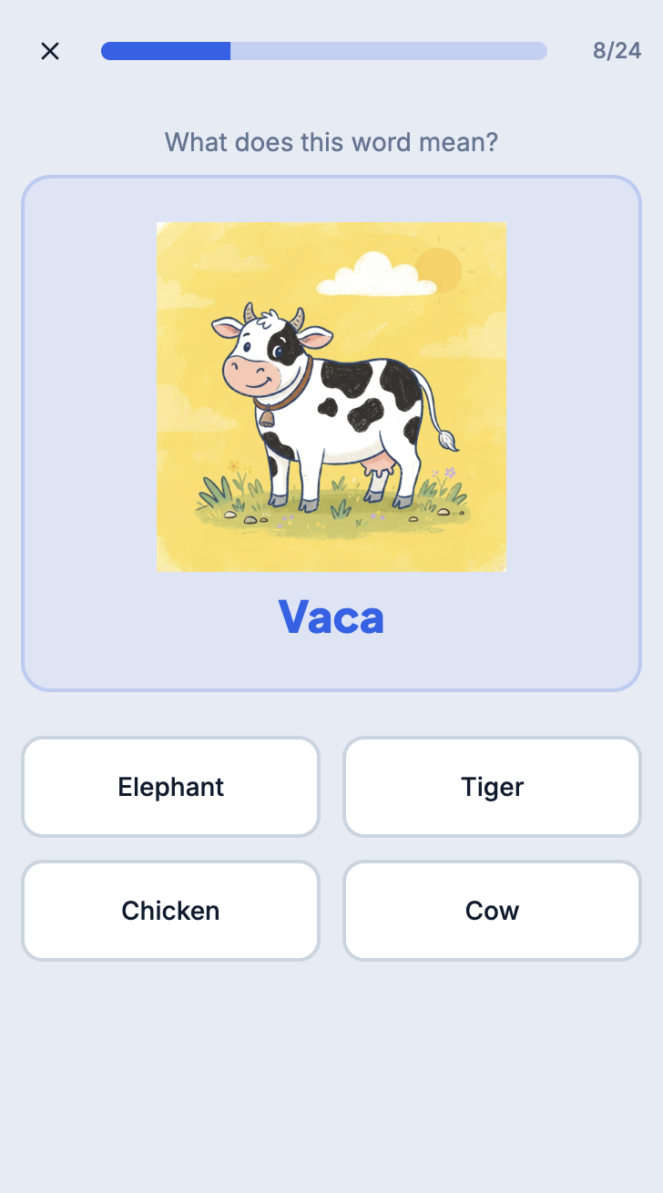 Companion app screen: tap the matching Spanish word