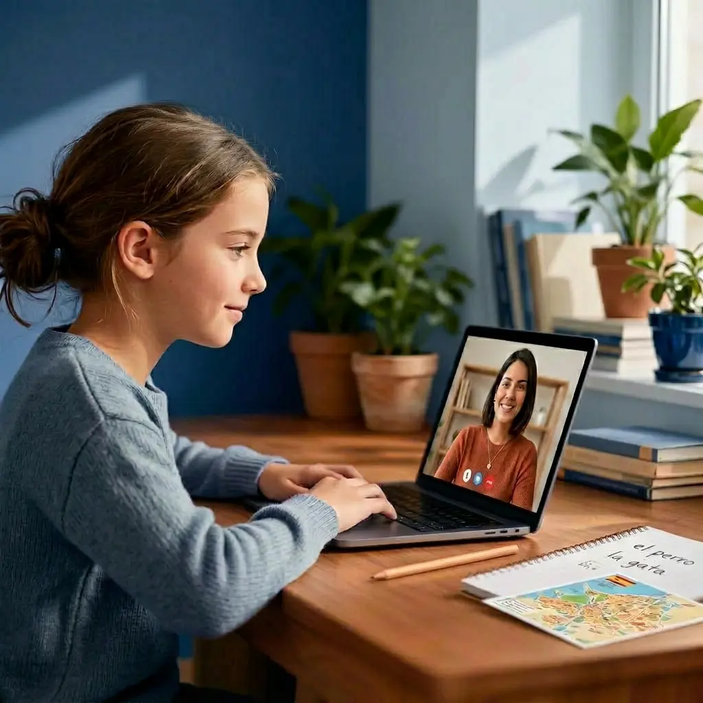 A young student in a one-on-one online Spanish class with her teacher on the laptop screen