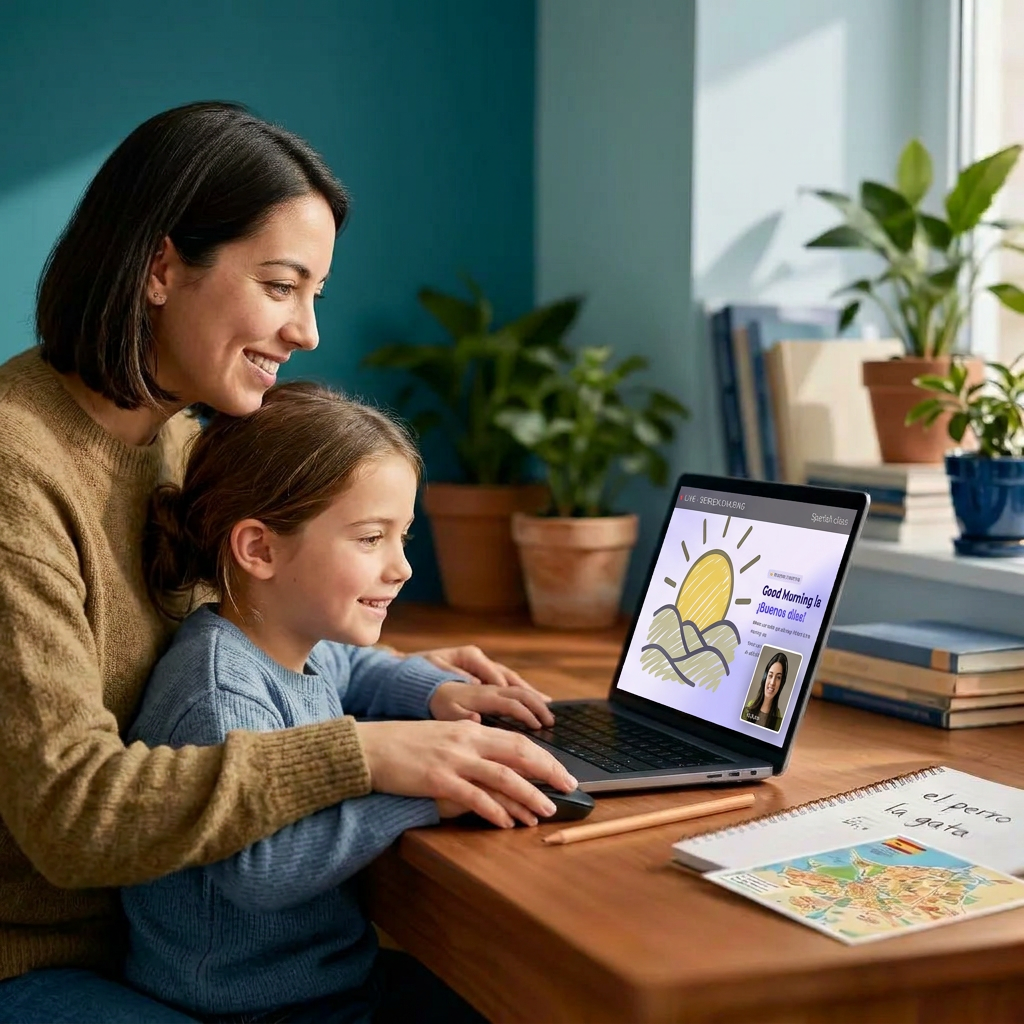 A young child and her parent in a one-on-one online Spanish class, with the teacher visible on the laptop screen